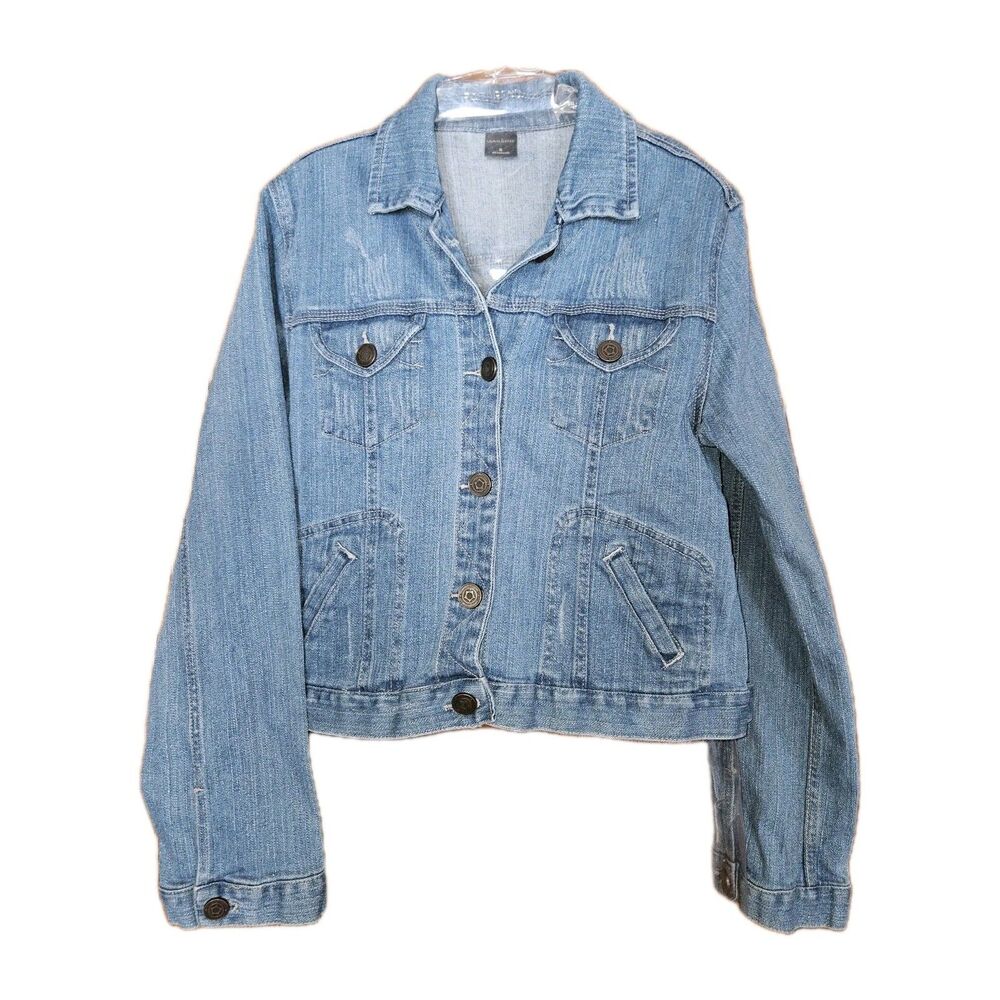 Massini‎ Blue Jean Jacket Distressed  Button Up Denim Long Sleeve Women’s Medium